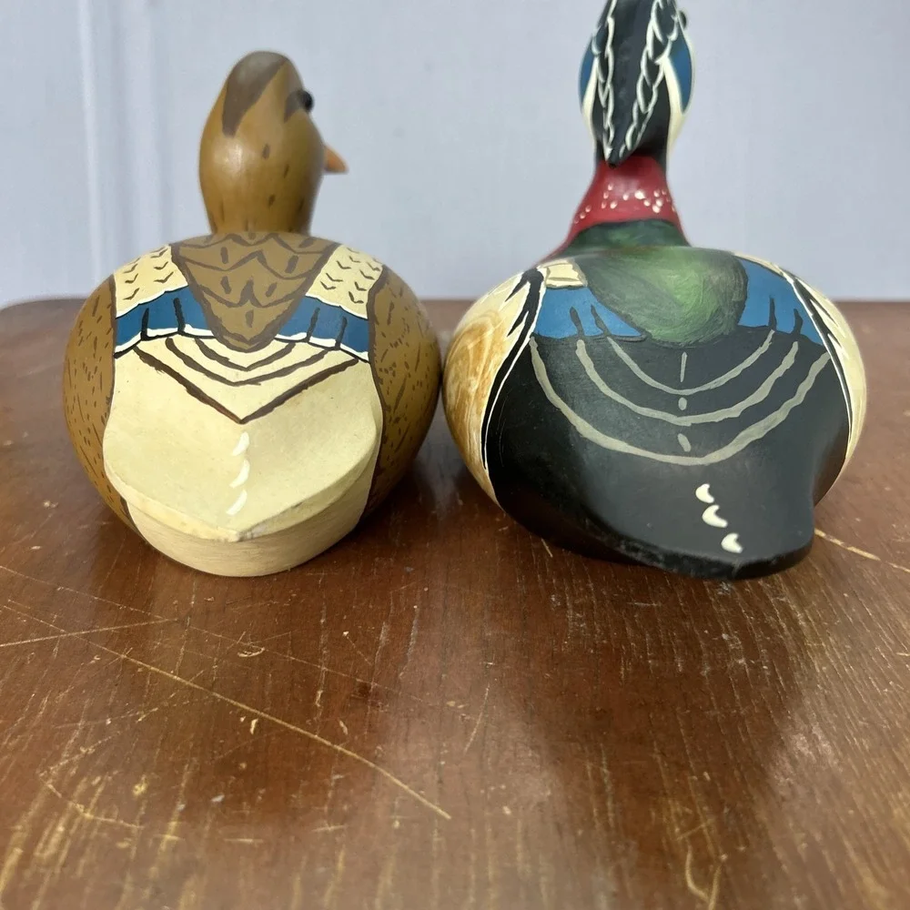 Vintage Hand Carved Wood Duck Decoy Pair Drake Hen Hand Painted Folk Art